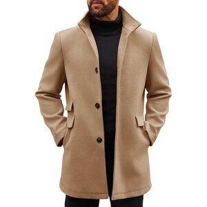 Men's Khaki Pea Coats Single Breasted Stand Collar Casual Slim Fit Trench